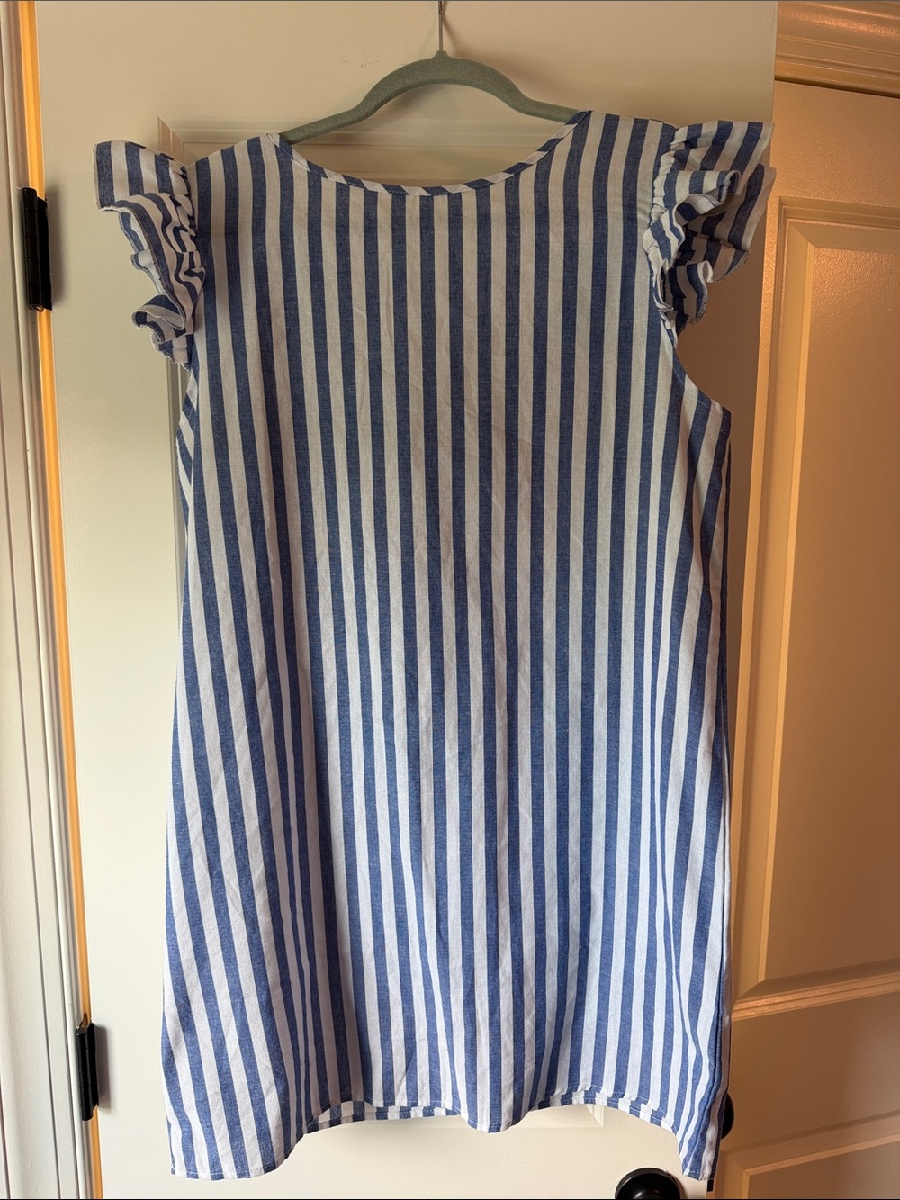 SHEIN Blue and White Striped Ruffle Sleeve Casual Dress